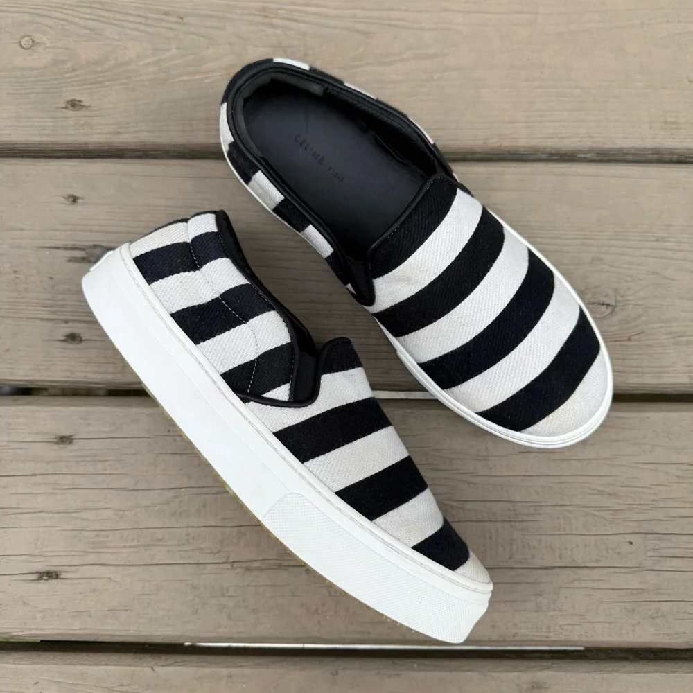 Celine Black and White Striped Canvas Slip On Sneakers size 39 - Picture 2 of 16